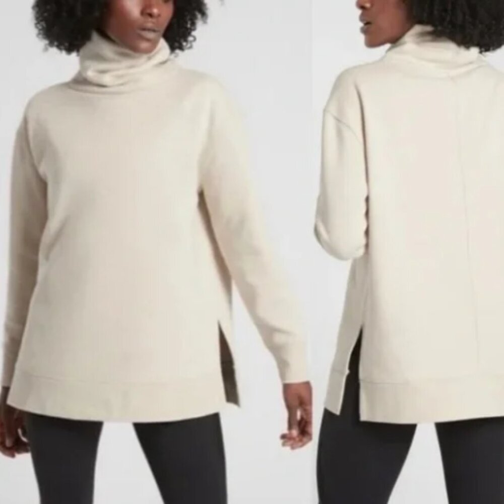 Athleta 24/7 Funnel Neck‎ Sweatshirt Putty Cream Fleece Lined SIZE XS